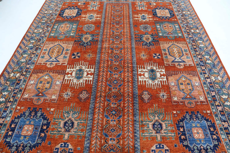 Tribal Hand Knotted Humna Humna Wool Rug of Size 7'10'' X 9'6'' in Rust and Green Colors - Made in Afghanistan