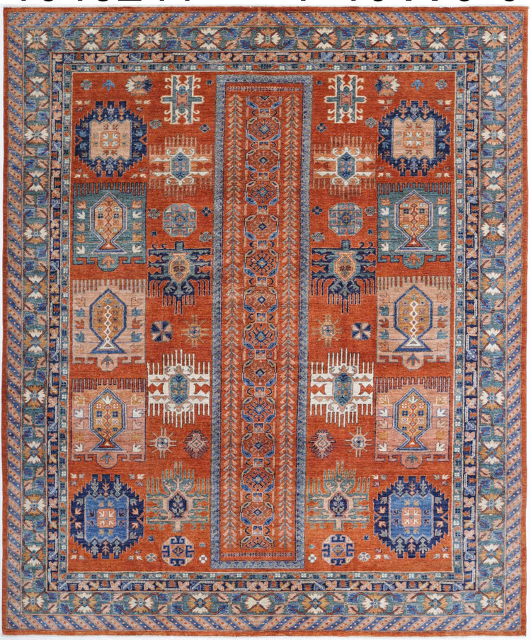 Tribal Hand Knotted Humna Humna Wool Rug of Size 7'10'' X 9'6'' in Rust and Green Colors - Made in Afghanistan