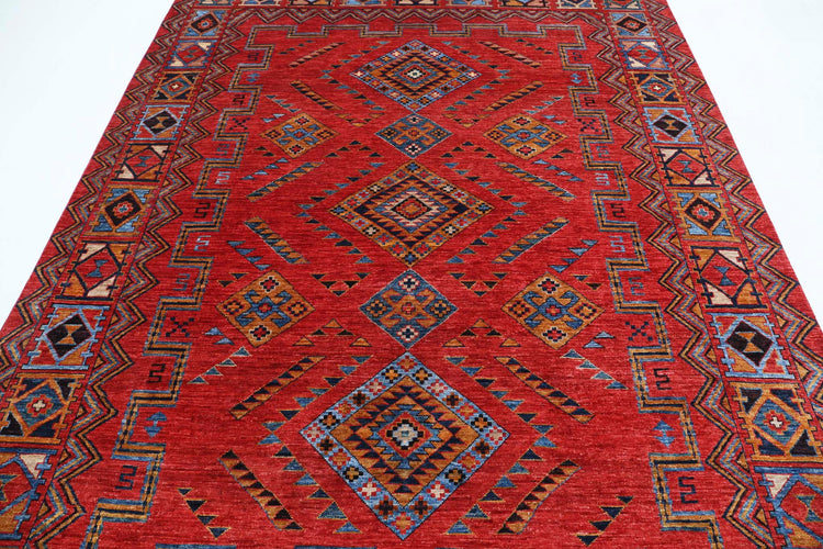Tribal Hand Knotted Humna Humna Wool Rug of Size 6'6'' X 8'7'' in Red and Blue Colors - Made in Afghanistan