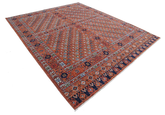 Tribal Hand Knotted Humna Humna Wool Rug of Size 8'3'' X 9'10'' in Rust and Ivory Colors - Made in Afghanistan