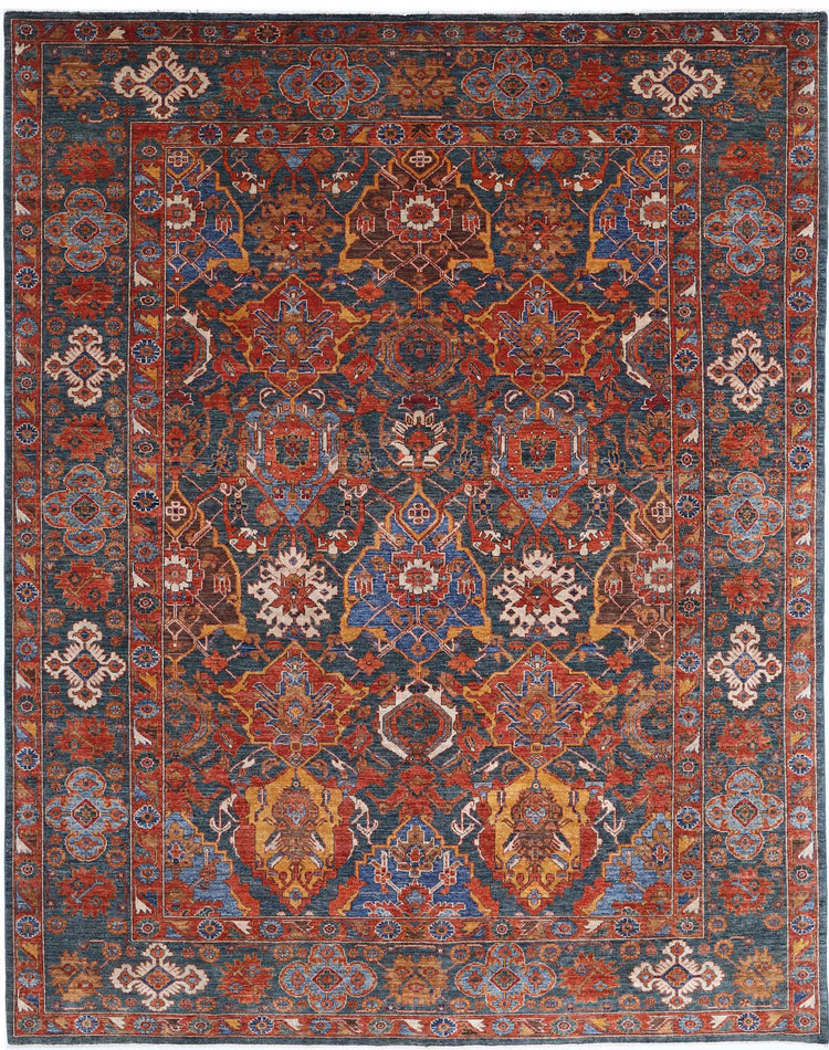 Tribal Hand Knotted Humna Humna Wool Rug of Size 7'11'' X 10'2'' in Green and Rust Colors - Made in Afghanistan