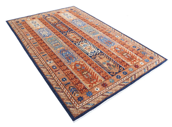 Tribal Hand Knotted Humna Humna Wool Rug of Size 5'9'' X 8'7'' in Blue and Red Colors - Made in Afghanistan