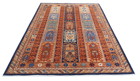Tribal Hand Knotted Humna Humna Wool Rug of Size 5'9'' X 8'7'' in Blue and Red Colors - Made in Afghanistan