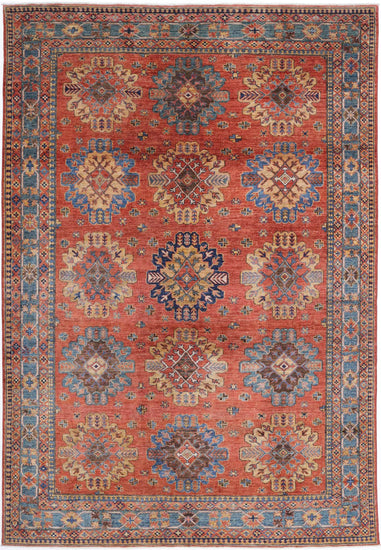 Tribal Hand Knotted Humna Humna Wool Rug of Size 6'8'' X 9'10'' in Rust and Green Colors - Made in Afghanistan