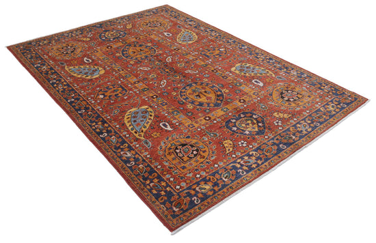 Tribal Hand Knotted Humna Humna Wool Rug of Size 5'6'' X 7'10'' in Rust and Blue Colors - Made in Afghanistan