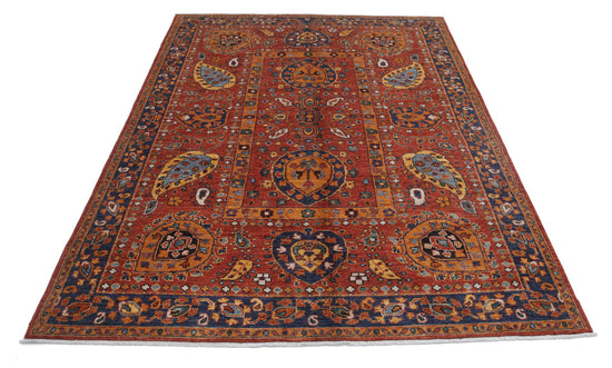 Tribal Hand Knotted Humna Humna Wool Rug of Size 5'6'' X 7'10'' in Rust and Blue Colors - Made in Afghanistan