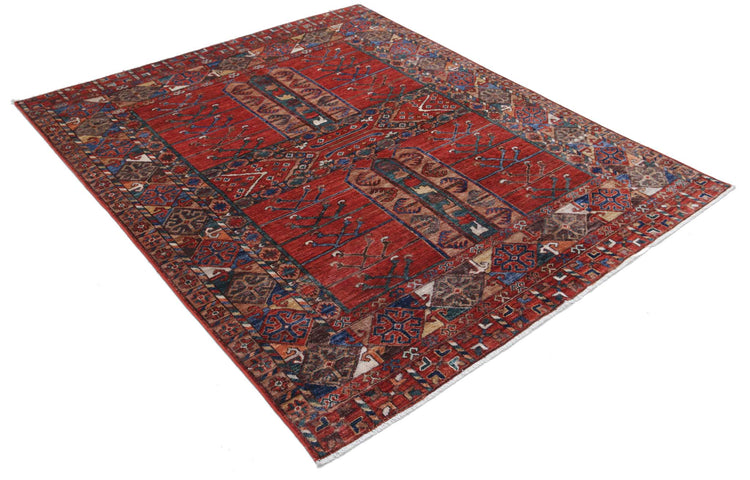 Tribal Hand Knotted Humna Humna Wool Rug of Size 5'5'' X 6'8'' in Red and Blue Colors - Made in Afghanistan