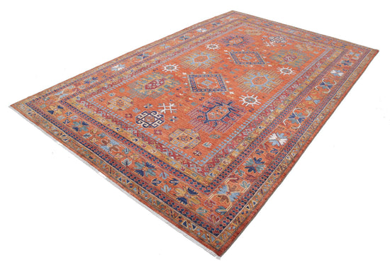Tribal Hand Knotted Humna Humna Wool Rug of Size 6'8'' X 10'4'' in Rust and Gold Colors - Made in Afghanistan