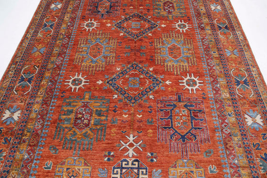 Tribal Hand Knotted Humna Humna Wool Rug of Size 6'8'' X 10'4'' in Rust and Gold Colors - Made in Afghanistan