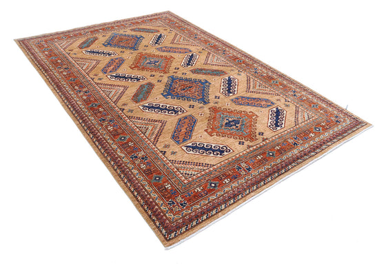 Tribal Hand Knotted Humna Humna Wool Rug of Size 5'11'' X 8'7'' in Gold and Red Colors - Made in Afghanistan