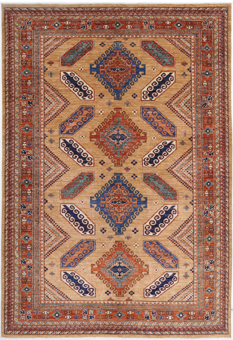 Tribal Hand Knotted Humna Humna Wool Rug of Size 5'11'' X 8'7'' in Gold and Red Colors - Made in Afghanistan