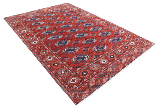 Tribal Hand Knotted Humna Humna Wool Rug of Size 6'7'' X 9'7'' in Rust and Blue Colors - Made in Afghanistan