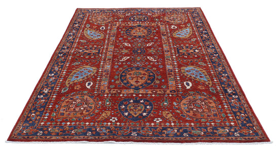 Tribal Hand Knotted Humna Humna Wool Rug of Size 5'6'' X 7'11'' in Red and Blue Colors - Made in Afghanistan