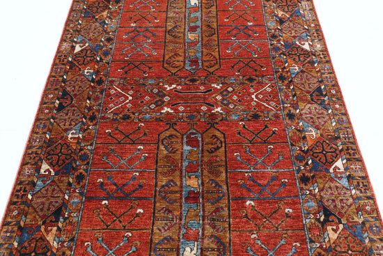 Tribal Hand Knotted Humna Humna Wool Rug of Size 4'2'' X 7'0'' in Rust and Multi Colors - Made in Afghanistan