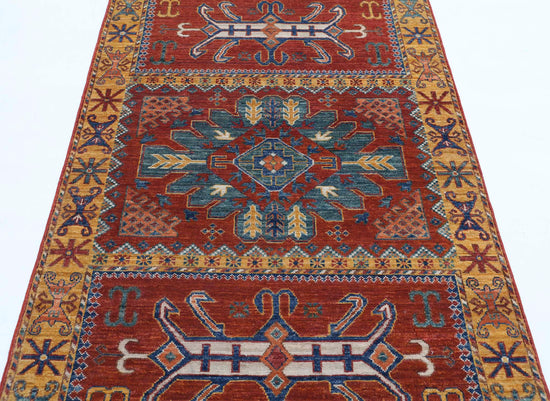 Tribal Hand Knotted Humna Humna Wool Rug of Size 3'11'' X 6'4'' in Red and Gold Colors - Made in Afghanistan