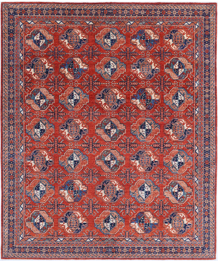 Tribal Hand Knotted Humna Humna Wool Rug of Size 8'2'' X 9'9'' in Rust and Blue Colors - Made in Afghanistan