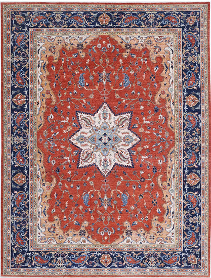 Tribal Hand Knotted Humna Humna Wool Rug of Size 8'11'' X 11'8'' in Rust and Blue Colors - Made in Afghanistan