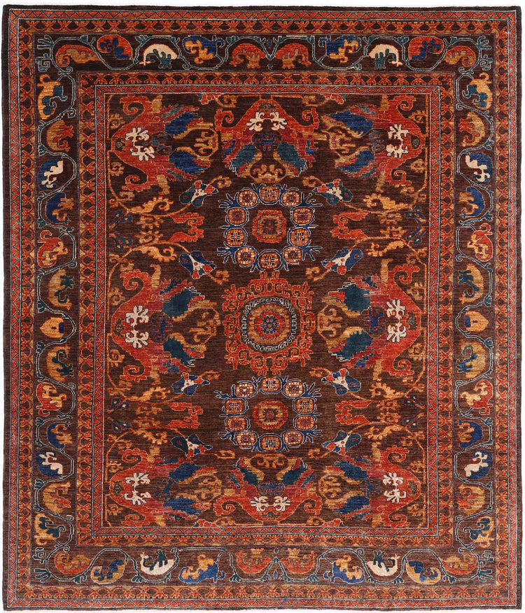 Tribal Hand Knotted Humna Humna Wool Rug of Size 8'4'' X 9'9'' in Brown and Rust Colors - Made in Afghanistan