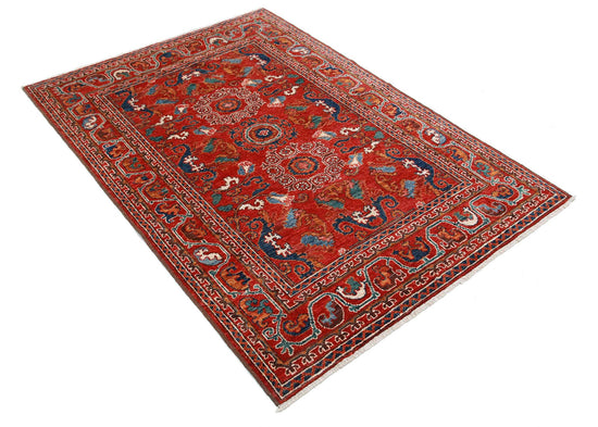 Tribal Hand Knotted Humna Humna Wool Rug of Size 4'1'' X 5'10'' in Red and Green Colors - Made in Afghanistan