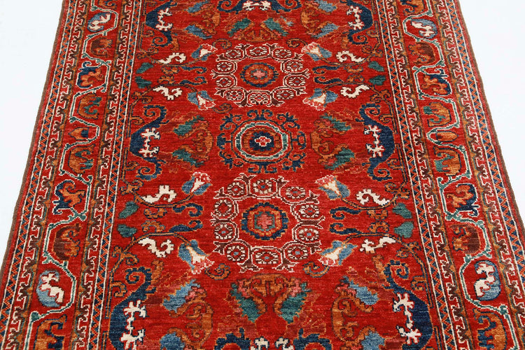 Tribal Hand Knotted Humna Humna Wool Rug of Size 4'1'' X 5'10'' in Red and Green Colors - Made in Afghanistan