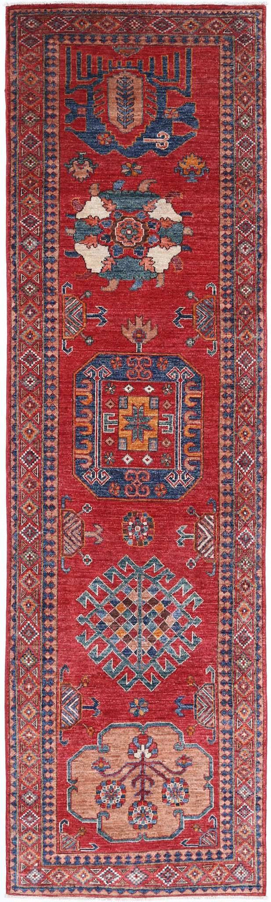 Tribal Hand Knotted Humna Humna Wool Rug of Size 2'8'' X 9'11'' in Red and Taupe Colors - Made in Afghanistan