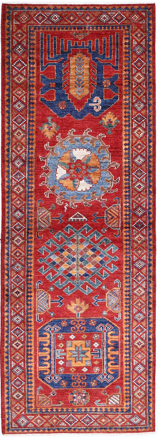 Tribal Hand Knotted Humna Humna Wool Rug of Size 2'9'' X 7'11'' in Red and Gold Colors - Made in Afghanistan