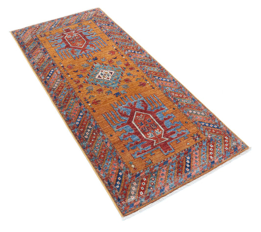 Tribal Hand Knotted Humna Humna Wool Rug of Size 2'8'' X 5'9'' in Gold and Multi Colors - Made in Afghanistan