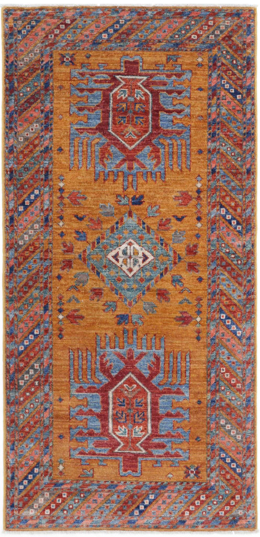 Tribal Hand Knotted Humna Humna Wool Rug of Size 2'8'' X 5'9'' in Gold and Multi Colors - Made in Afghanistan