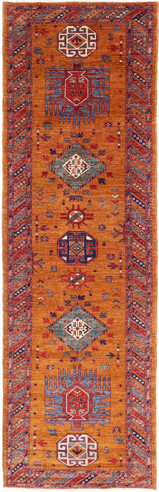 Tribal Hand Knotted Humna Humna Wool Rug of Size 2'10'' X 9'8'' in Gold and Multi Colors - Made in Afghanistan