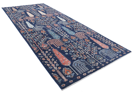 Tribal Hand Knotted Humna Humna Wool Rug of Size 6'2'' X 14'8'' in Blue and Ivory Colors - Made in Afghanistan