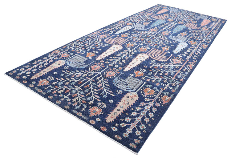 Tribal Hand Knotted Humna Humna Wool Rug of Size 6'2'' X 14'8'' in Blue and Ivory Colors - Made in Afghanistan