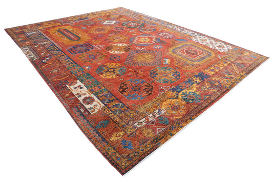 Tribal Hand Knotted Humna Humna Wool Rug of Size 10'7'' X 13'11'' in Rust and Gold Colors - Made in Afghanistan