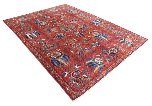 Tribal Hand Knotted Humna Humna Wool Rug of Size 7'0'' X 9'5'' in Red and Ivory Colors - Made in Afghanistan