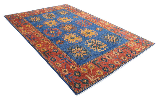Tribal Hand Knotted Humna Humna Wool Rug of Size 6'6'' X 10'0'' in Blue and Red Colors - Made in Afghanistan