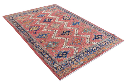 Tribal Hand Knotted Humna Humna Wool Rug of Size 5'2'' X 7'6'' in Red and Blue Colors - Made in Afghanistan