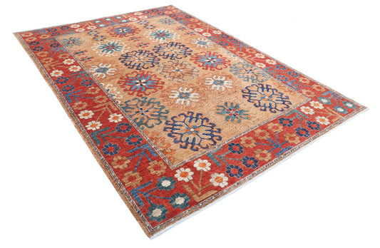 Tribal Hand Knotted Humna Humna Wool Rug of Size 6'9'' X 9'7'' in Taupe and Red Colors - Made in Afghanistan