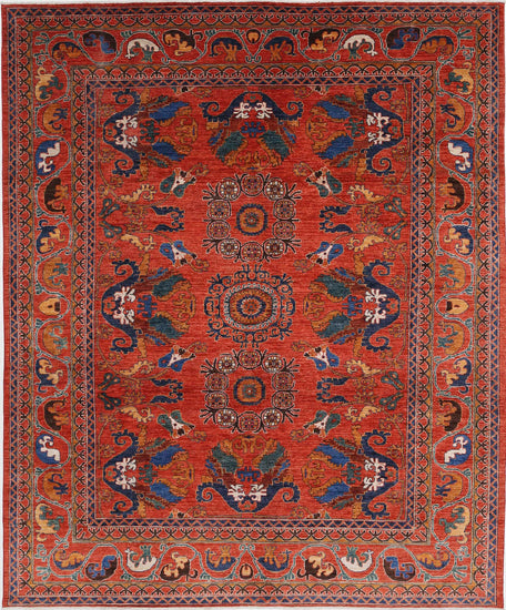 Tribal Hand Knotted Humna Humna Wool Rug of Size 8'4'' X 9'11'' in Red and Red Colors - Made in Afghanistan