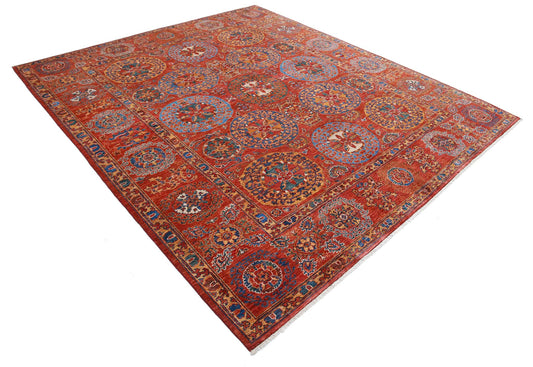 Tribal Hand Knotted Humna Humna Wool Rug of Size 8'3'' X 9'3'' in Red and Red Colors - Made in Afghanistan