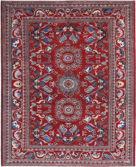 Tribal Hand Knotted Humna Humna Wool Rug of Size 8'3'' X 9'11'' in Red and Red Colors - Made in Afghanistan