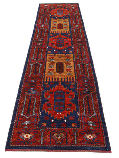 Tribal Hand Knotted Humna Humna Wool Rug of Size 2'9'' X 10'7'' in Blue and Rust Colors - Made in Afghanistan