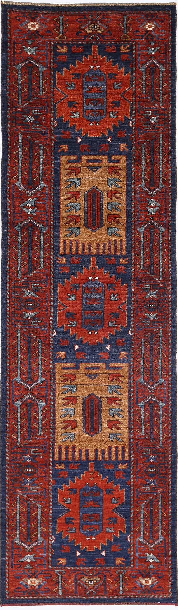 Tribal Hand Knotted Humna Humna Wool Rug of Size 2'9'' X 10'7'' in Blue and Rust Colors - Made in Afghanistan
