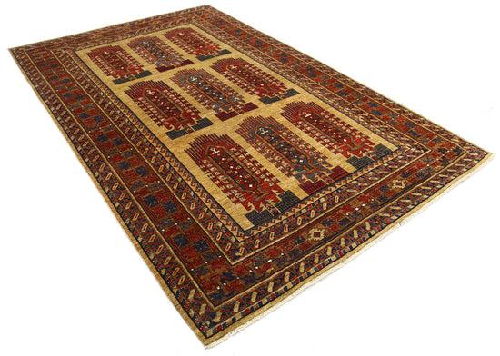 Tribal Hand Knotted Humna Humna Wool Rug of Size 6'2'' X 9'6'' in Gold and Red Colors - Made in Afghanistan