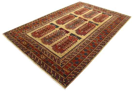 Tribal Hand Knotted Humna Humna Wool Rug of Size 6'2'' X 9'6'' in Gold and Red Colors - Made in Afghanistan