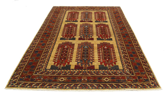 Tribal Hand Knotted Humna Humna Wool Rug of Size 6'2'' X 9'6'' in Gold and Red Colors - Made in Afghanistan