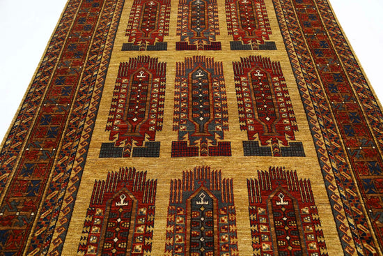 Tribal Hand Knotted Humna Humna Wool Rug of Size 6'2'' X 9'6'' in Gold and Red Colors - Made in Afghanistan