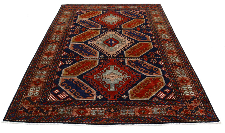Tribal Hand Knotted Humna Humna Wool Rug of Size 6'1'' X 8'5'' in Blue and Multi Colors - Made in Afghanistan