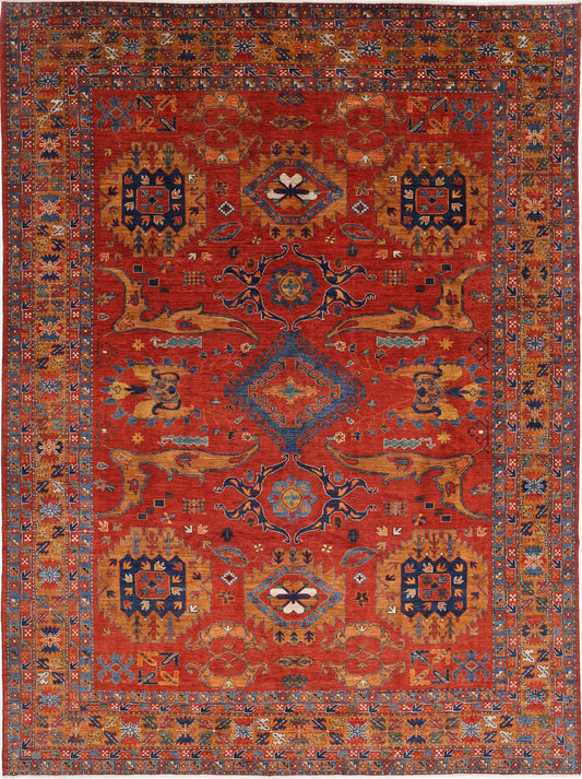 Tribal Hand Knotted Humna Humna Wool Rug of Size 9'0'' X 11'11'' in Red and Red Colors - Made in Afghanistan