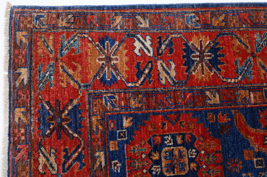 Tribal Hand Knotted Humna Humna Wool Rug of Size 4'11'' X 6'9'' in Blue and Red Colors - Made in Afghanistan