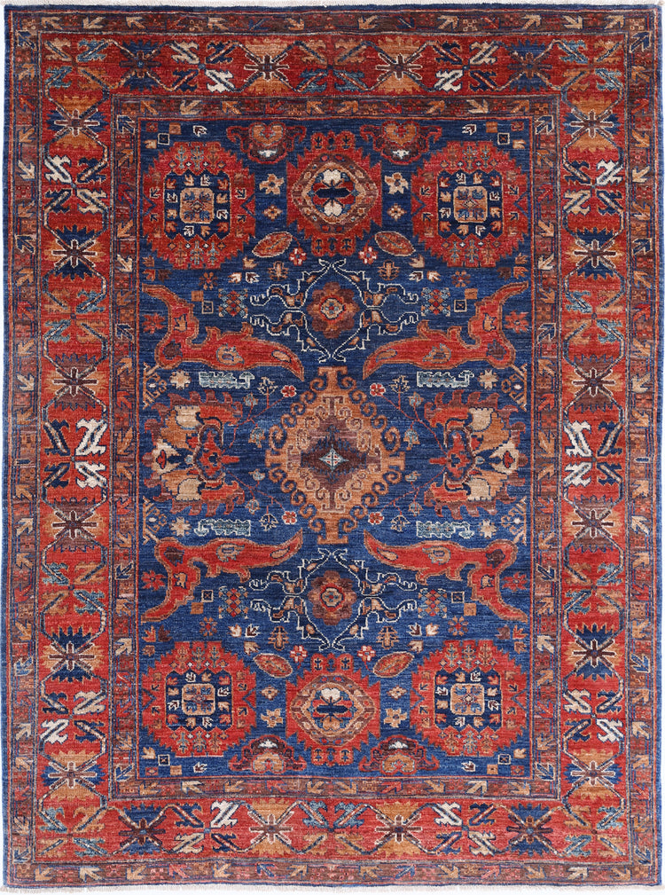Tribal Hand Knotted Humna Humna Wool Rug of Size 4'11'' X 6'9'' in Blue and Red Colors - Made in Afghanistan