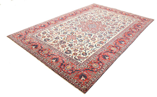 Masterpiece Hand Knotted Isfahan Isfahan Wool Rug of Size 7'4'' X 11'1'' in Ivory and Red Colors - Made in Iran
